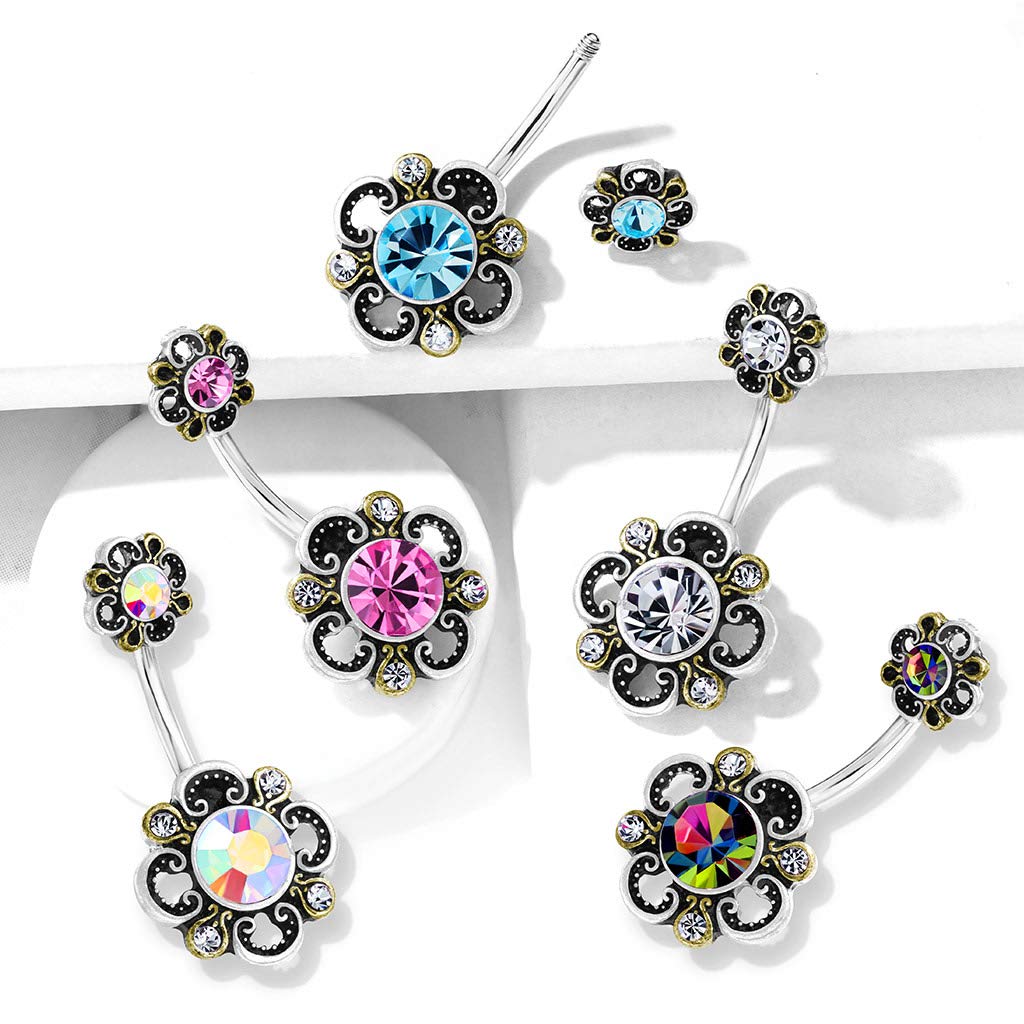 Bauchnabelpiercing Filigrane Blume 6 Zirkonia Nabelpiercing Chirurgenstahl Bananabell viele Farben Stab 1,6/10mm