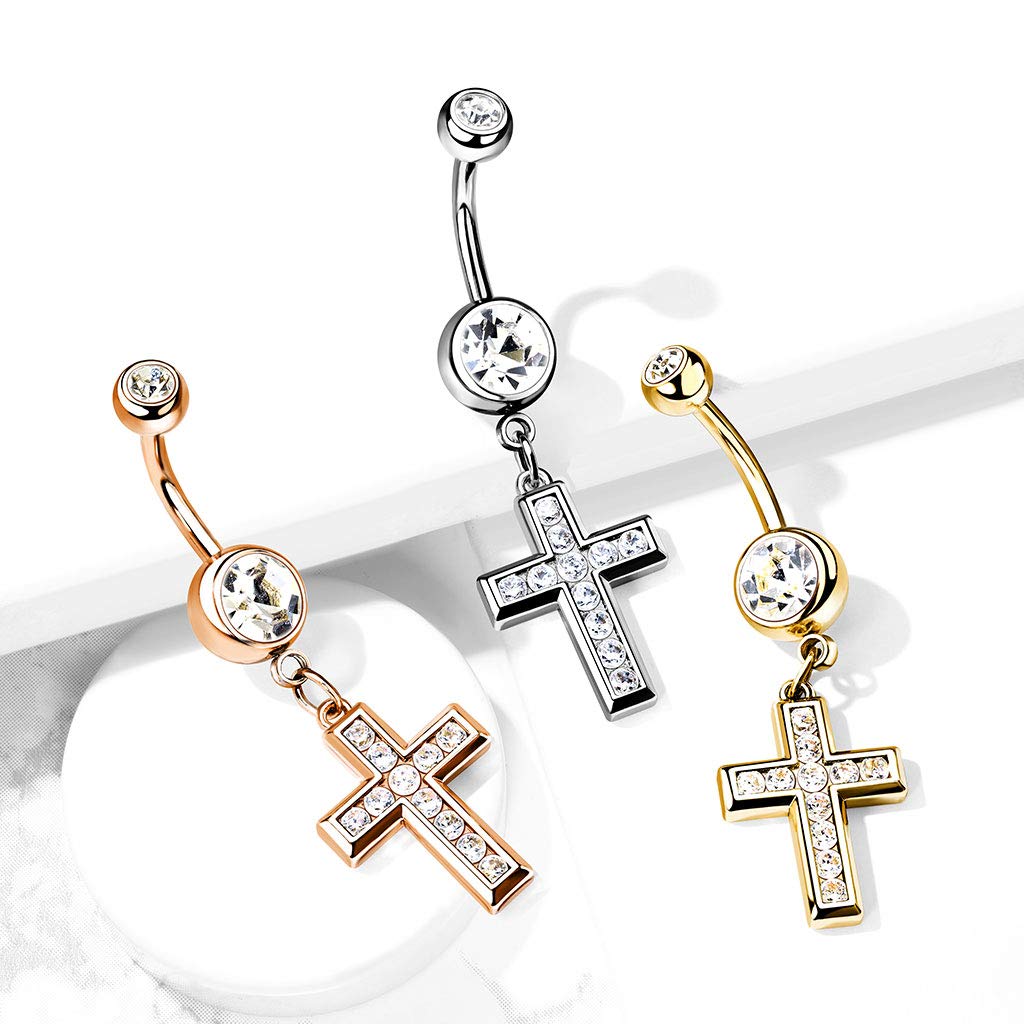 Bauchnabelpiercing Kristall Kreuz-Anhänger Nabelpiercing Chirurgenstahl Bananabell Silber Gold Roségold Clear Stab 1,6/10mm