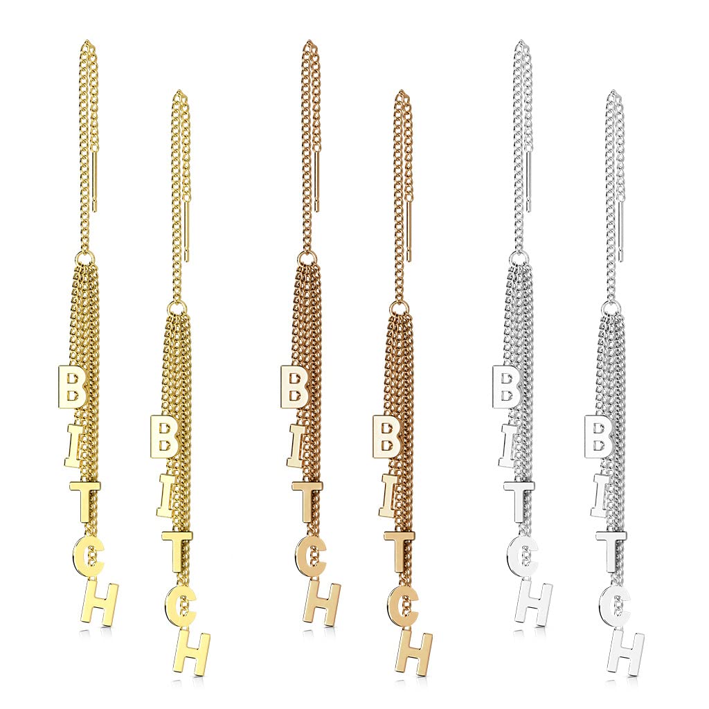 1 Paar Damen Ohrringe Durchzieher Ketten-Anhänger Wort BITCH Ohrringe Ohrstecker Chirurgenstahl Gold Roségold Silber