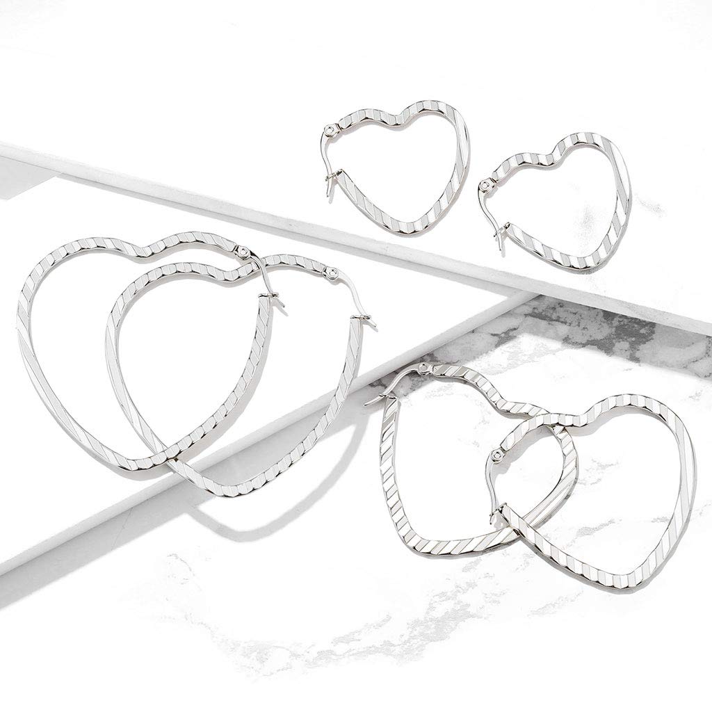 1 Paar Damen HERZ CREOLEN WELLEN-DESIGN Ohrringe Ohrstecker Chirurgenstahl Silber 30/40/50mm