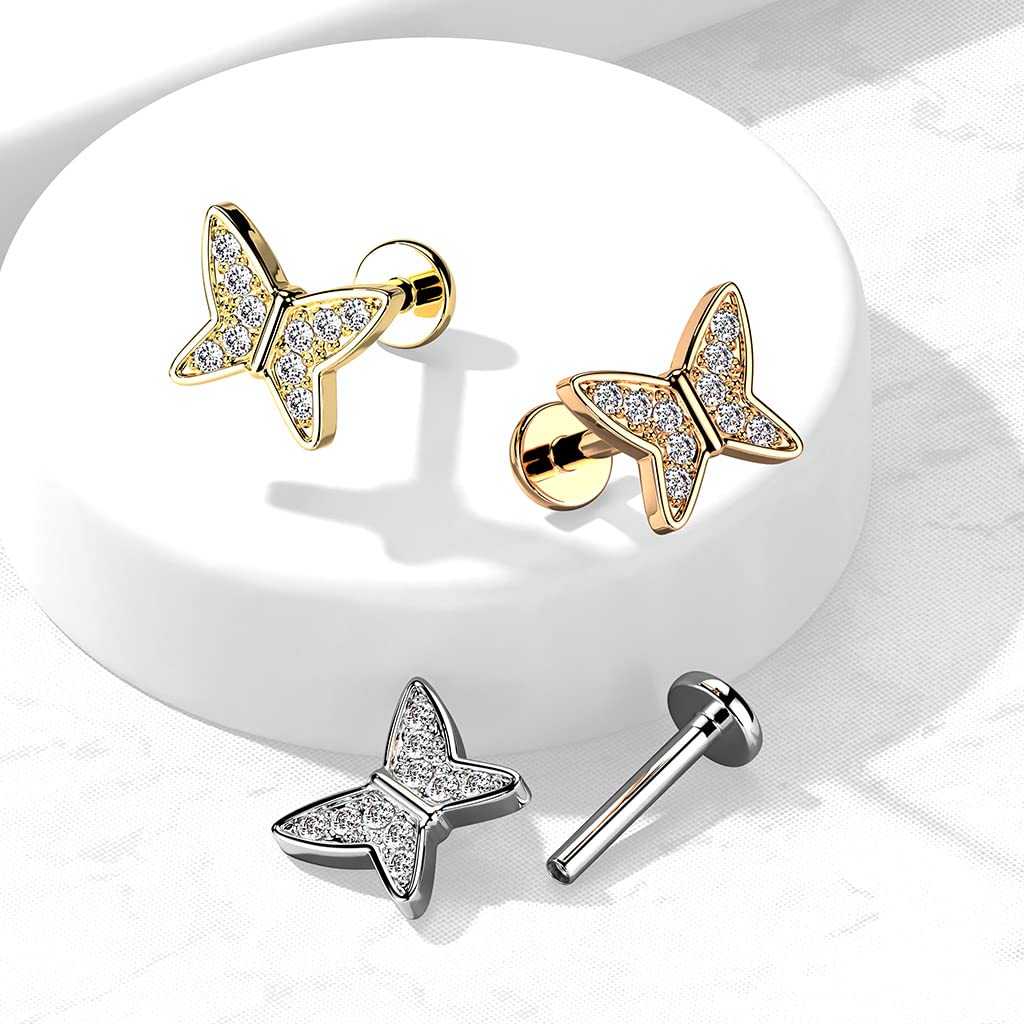 Knorpel Ohrstecker Schmetterling Silber Gold Roségold Pavé Zirkonia Clear Piercings Chirurgenstahl Schraubverschluss Stab 6/8mm lang