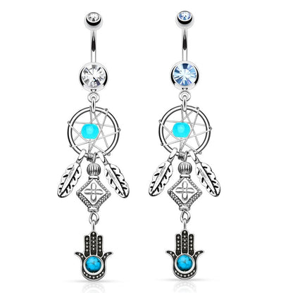 Bauchnabelpiercing Set 1,6mm 10mm Hamsa 48,2 x 14,3mm Nabelpiercing Chirurgenstahl Bananabell Zirkonia Silber Clear Türkis