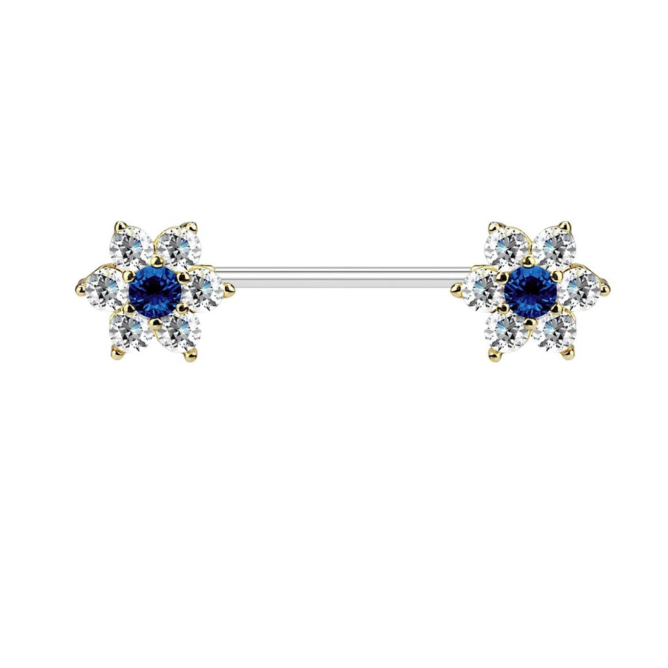 Brustwarzenpiercing GLITZERNDE ZIRKONIA-Blumen Brustpiercing Edelstahl Silber Roségold Gold Clear Pink Aqua Lila Blau 1,6mm 16mm