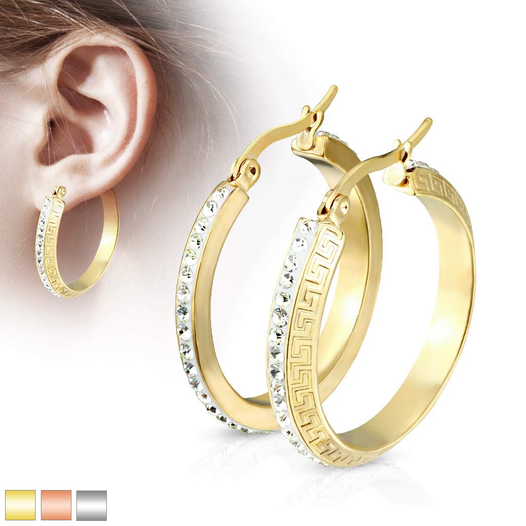 1 Paar Damen Ohrringe CREOLE 4mm breit Zirkonia-Rand Muster Ohrstecker Chirurgenstahl Gold Roségold Silber Clear 30mm