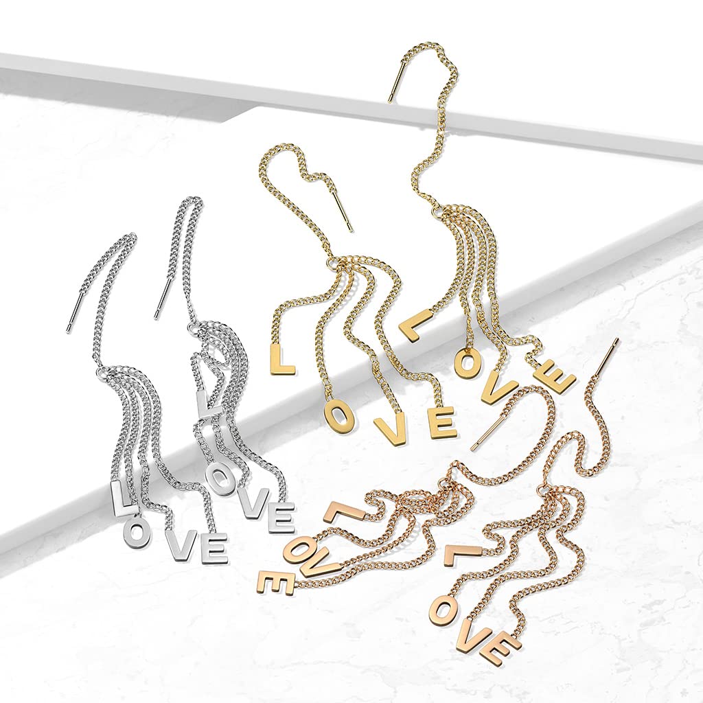 1 Paar Damen Ohrringe Durchzieher Ketten-Anhänger Wort LOVE Ohrringe Ohrstecker Chirurgenstahl Gold Roségold Silber