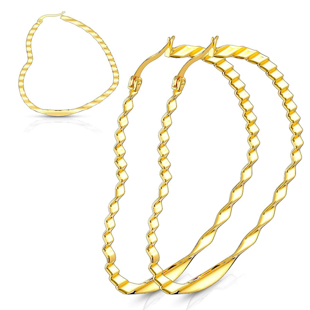 1 Paar Damen HERZ CREOLEN WELLEN-DESIGN Ohrringe Ohrstecker Chirurgenstahl Gold 30/40/50mm