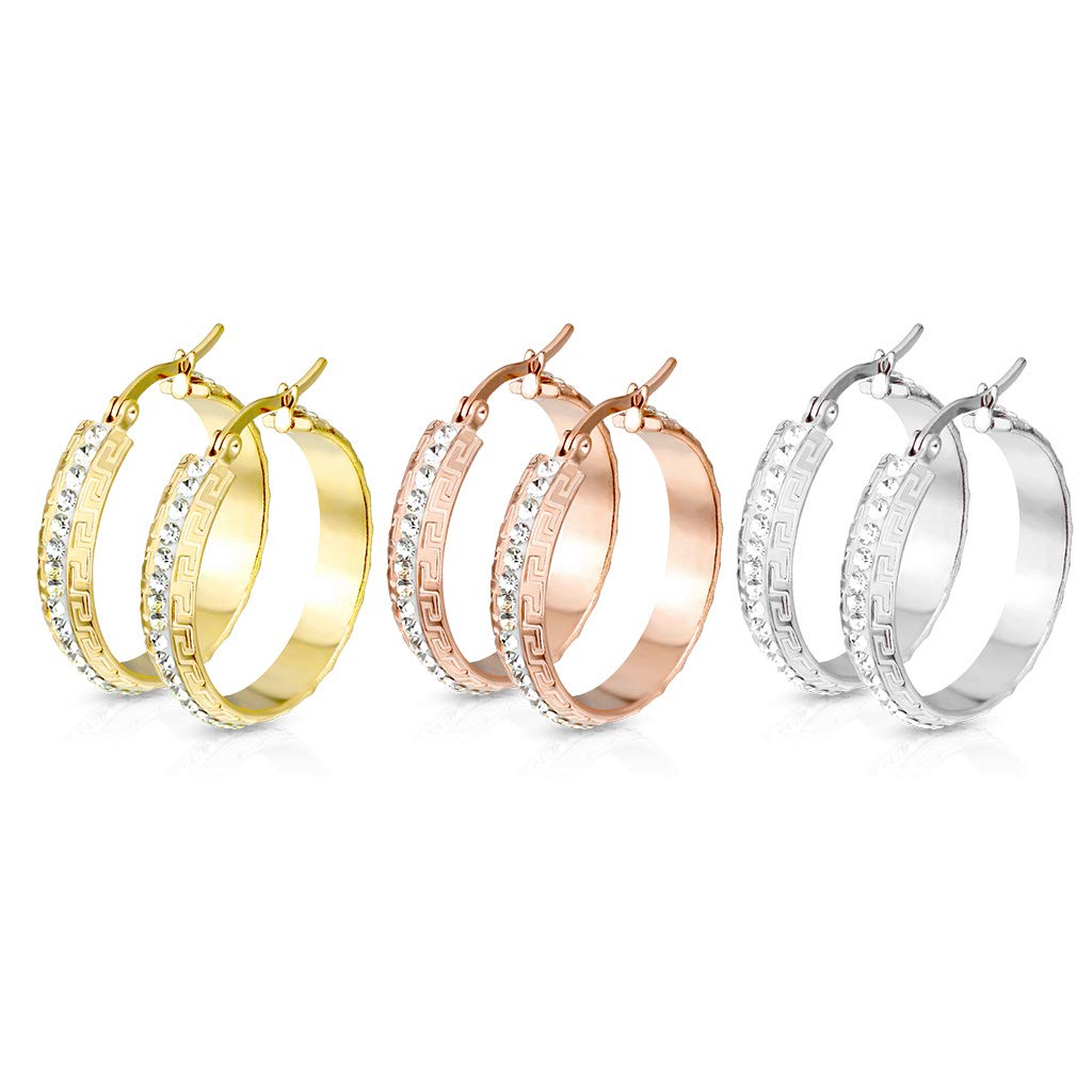 1 Paar Damen Ohrringe CREOLE 6mm breit Zirkonia-Mitte Muster Ohrstecker Chirurgenstahl Gold Roségold Silber Clear 30mm