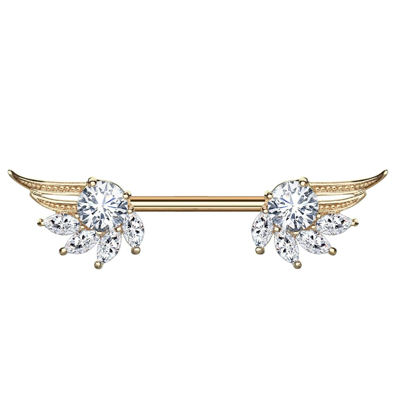 Brustwarzenpiercing ZIRKONIA Engels-FLÜGEL Brustpiercing Nippelpiercing Edelstahl Silber Roségold Gold Stab 1,6mm 14mm