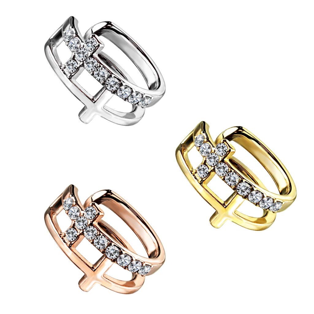 Ohrklemme DOPPEL KREUZ PAVÉ ZIRKONIA clear Ohrringe Ohrclip Fake-Piercing Messing Silber Gold Roségold