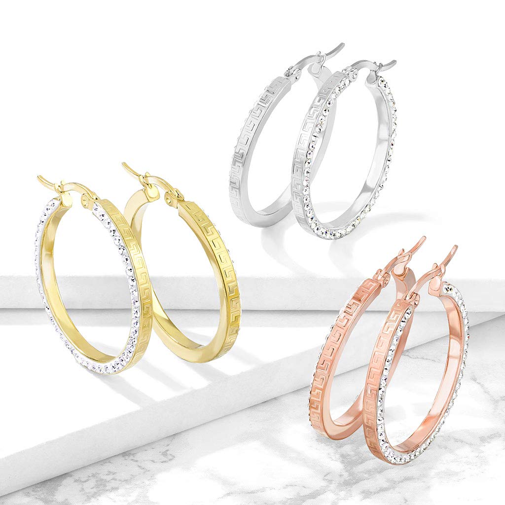 1 Paar Damen Ohrringe CREOLE 3mm breit Zirkonia-Rand Muster Ohrstecker Chirurgenstahl Gold Roségold Silber Clear 30mm
