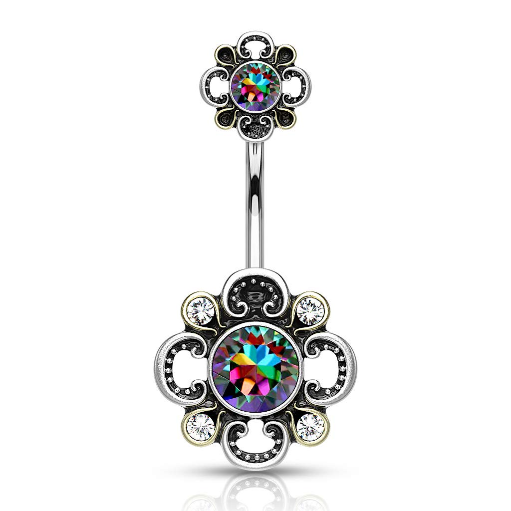 Bauchnabelpiercing Filigrane Blume 6 Zirkonia Nabelpiercing Chirurgenstahl Bananabell viele Farben Stab 1,6/10mm