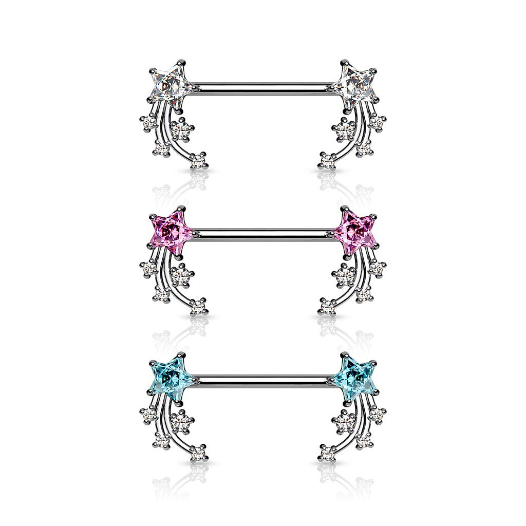 Brustwarzenpiercing Stern-schnuppen Silber Clear Pink Aqua Brustpiercing Nippelpiercing Intimpiercing Chirurgenstahl Stab 16mm