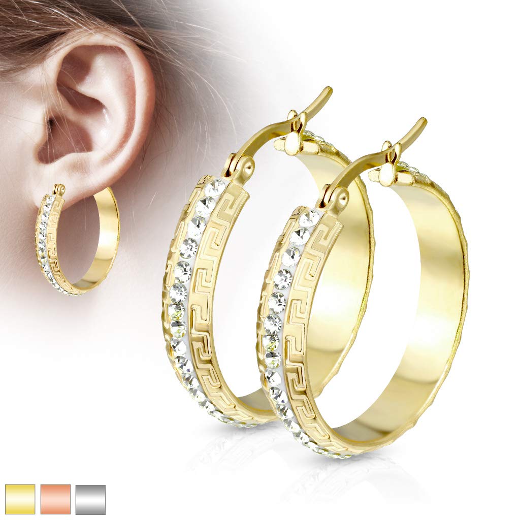 1 Paar Damen Ohrringe CREOLE 6mm breit Zirkonia-Mitte Muster Ohrstecker Chirurgenstahl Gold Roségold Silber Clear 30mm