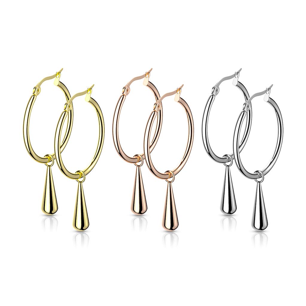 1 Paar Damen Ohrringe CREOLE Tropfen-Anhänger Länge 43,2mm Ohrstecker Chirurgenstahl Gold Roségold Silber