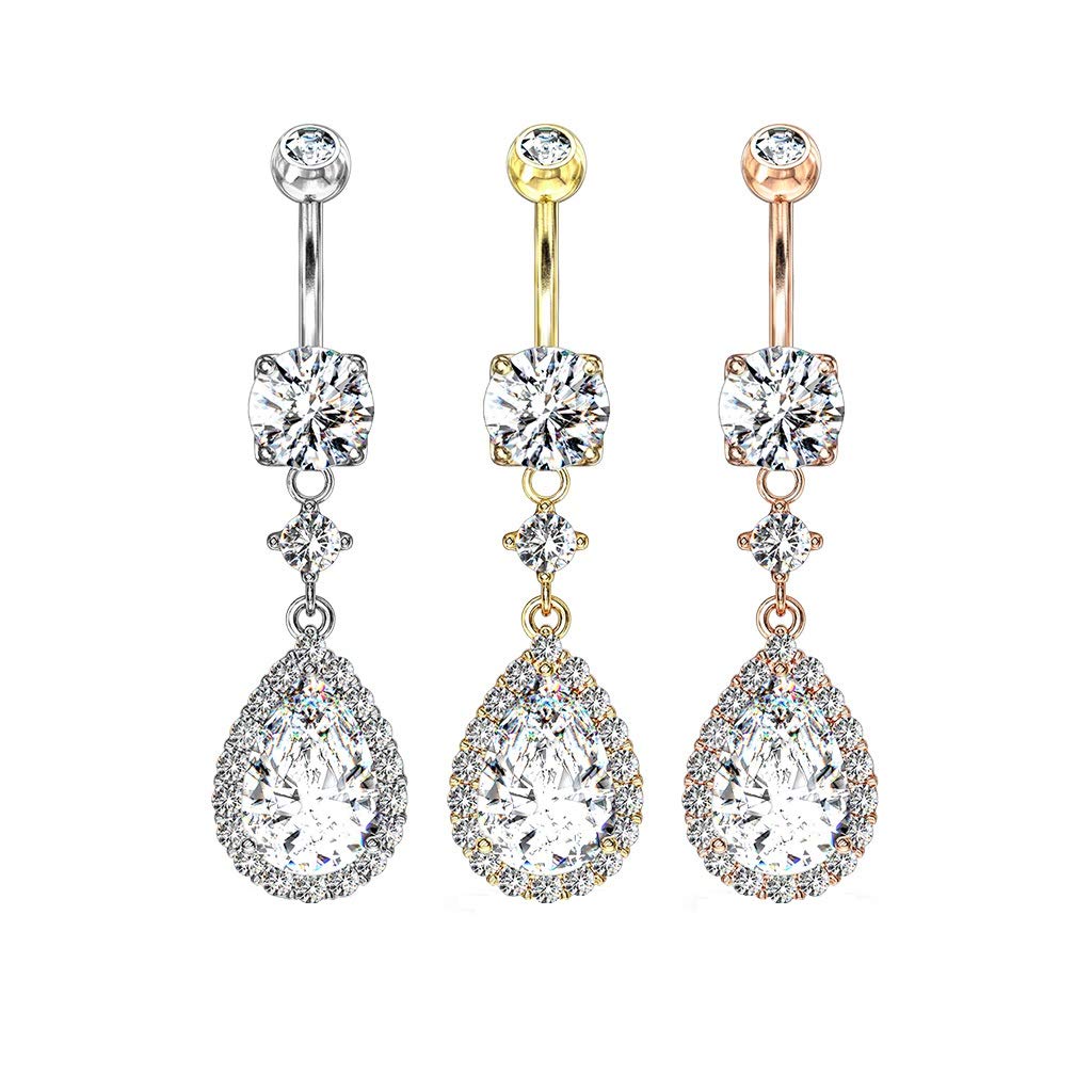 Bauchnabelpiercing Zirkonia Tropfen-Anhänger Nabelpiercing Chirurgenstahl Bananabell Silber Gold Roségold Clear Stab 1,6/10mm