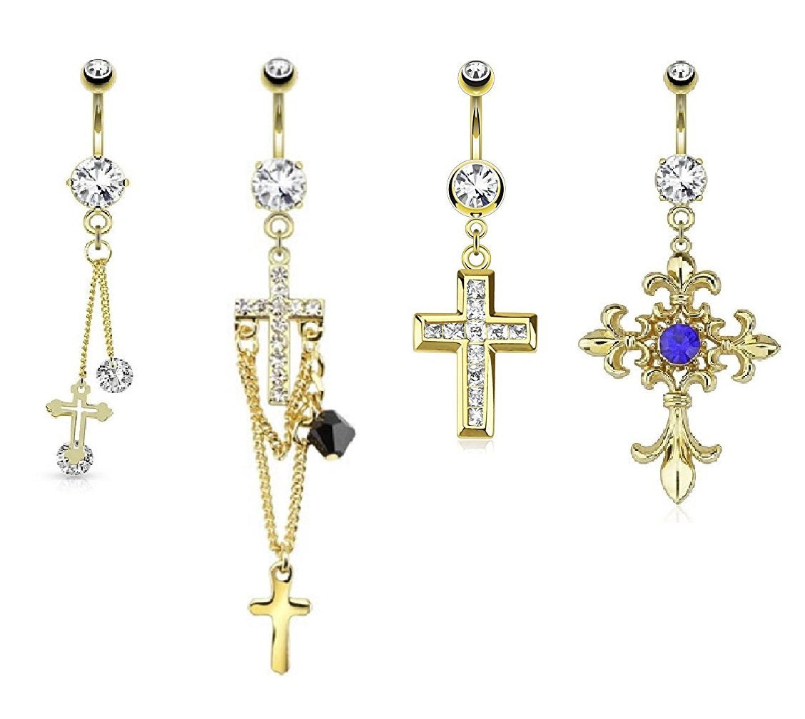 Bauchnabelpiercing GOLDENES Kreuz 14 Karat vergoldet Anhänger 1,6mm 10mm Nabelpiercing Chirurgenstahl Bananabell Zirkonia