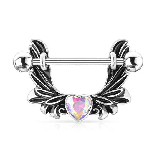 Brustwarzenpiercing Engels-flügel Kristall-Herz Silber Brustpiercing Nippelpiercing Intimpiercing Chirurgenstahl Stab 13mm