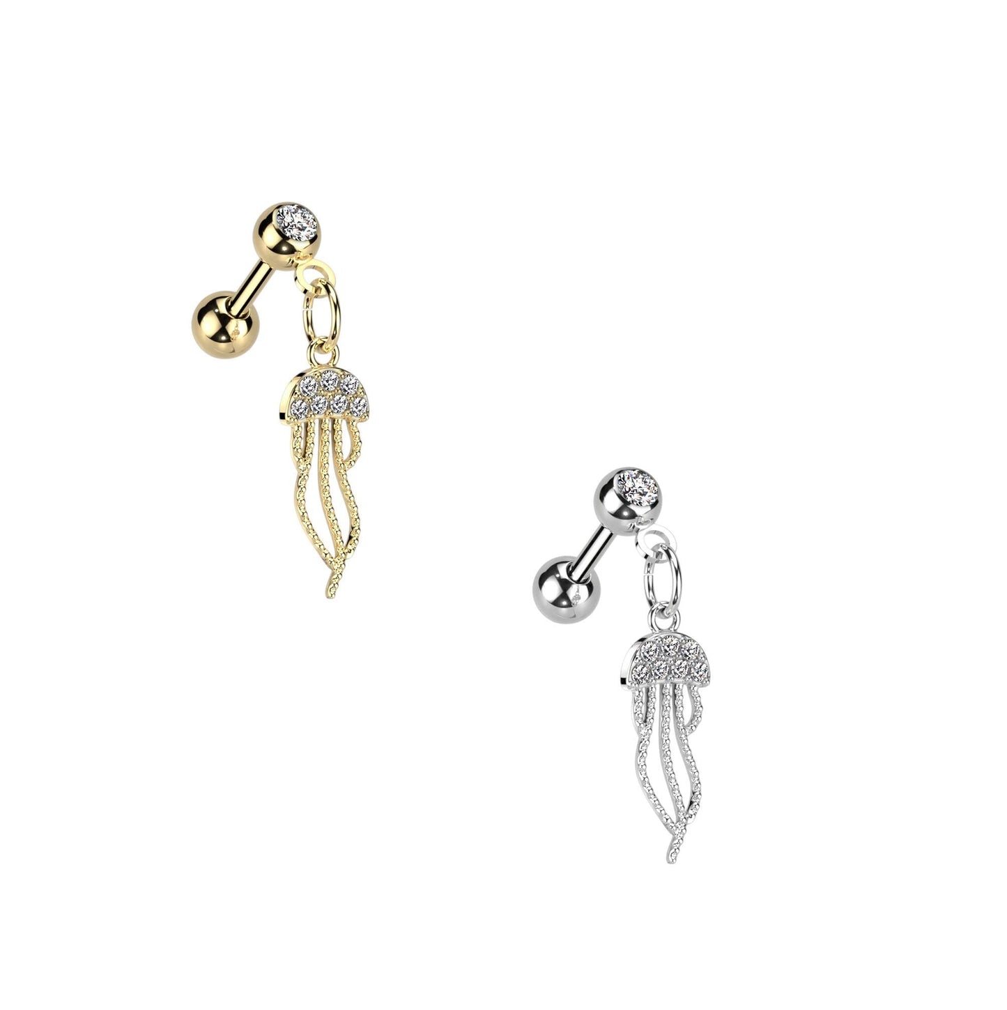 Knorpel Ohrstecker Qualle-Anhänger Zirkonia Clear Silber Gold Piercings Chirurgenstahl Schraubverschluss Stab 6mm lang
