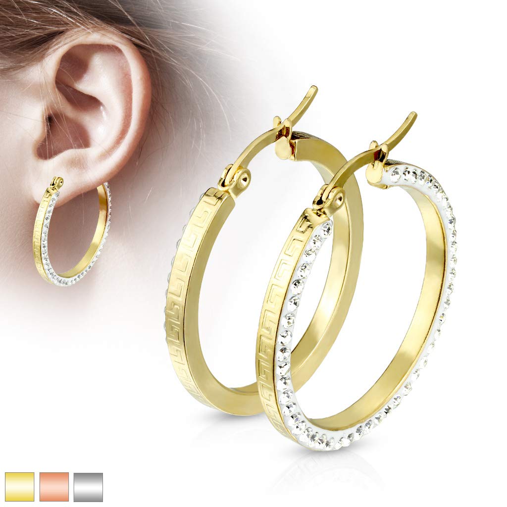 1 Paar Damen Ohrringe CREOLE 3mm breit Zirkonia-Rand Muster Ohrstecker Chirurgenstahl Gold Roségold Silber Clear 30mm