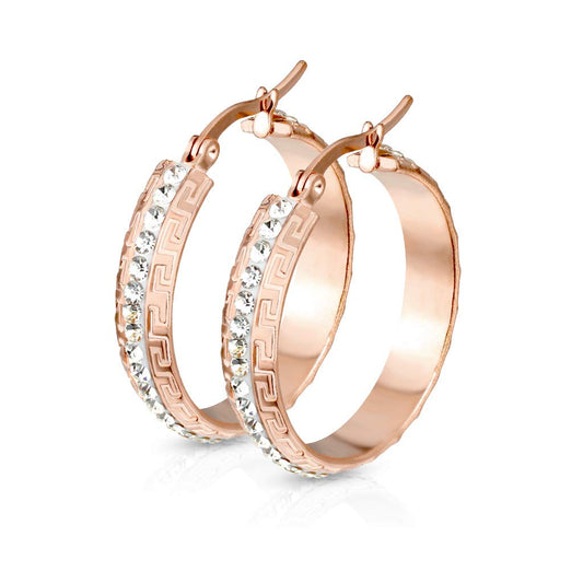 1 Paar Damen Ohrringe CREOLE 6mm breit Zirkonia-Mitte Muster Ohrstecker Chirurgenstahl Gold Roségold Silber Clear 30mm