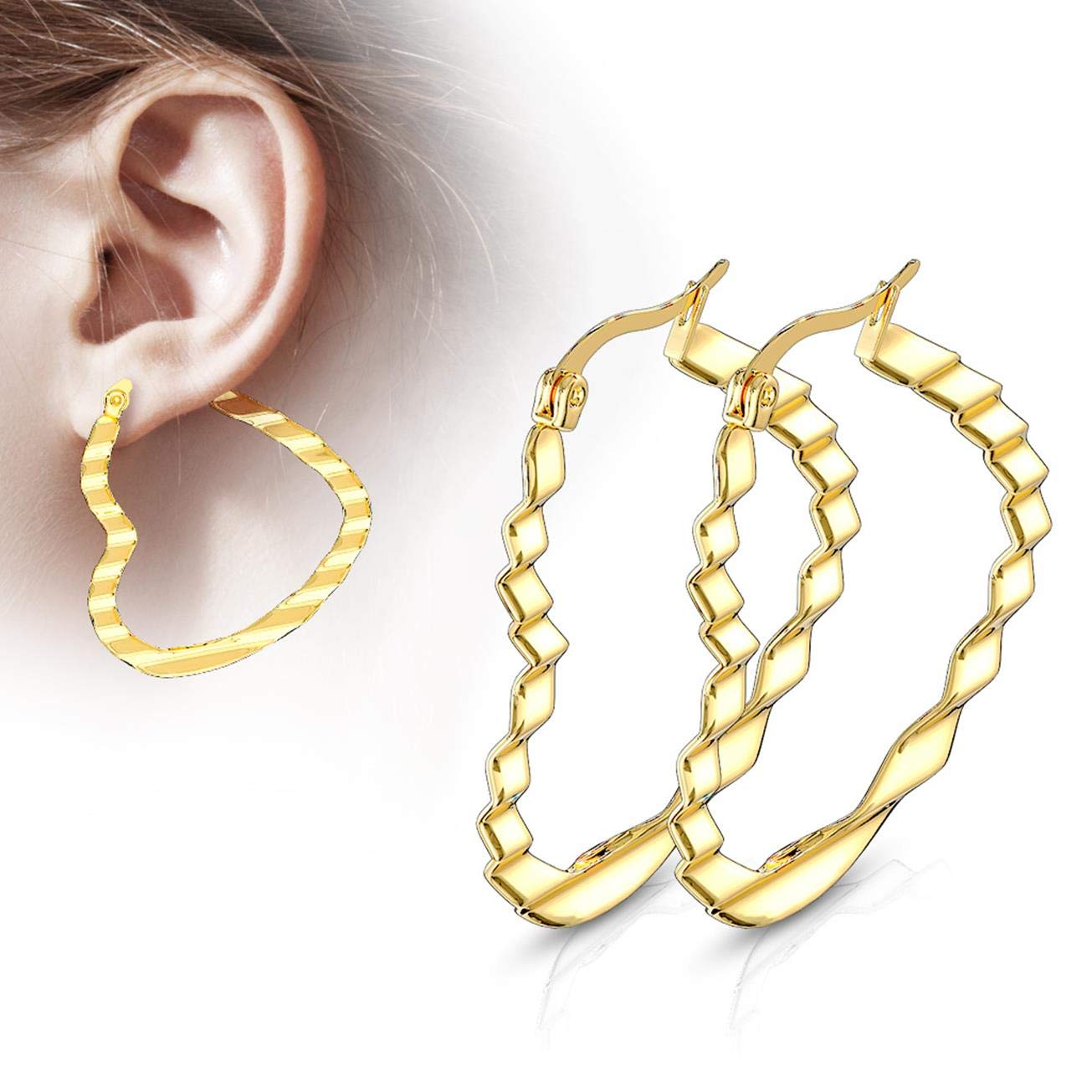 1 Paar Damen HERZ CREOLEN WELLEN-DESIGN Ohrringe Ohrstecker Chirurgenstahl Gold 30/40/50mm