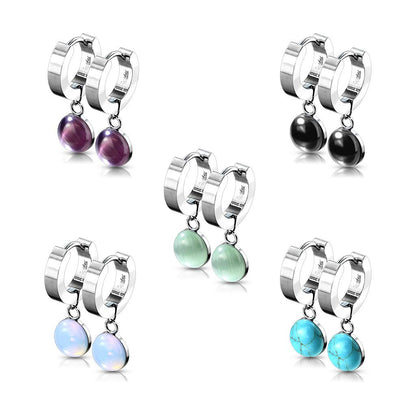 1 Paar Damen Creolen Ohrringe Halb-Edelstein Halb-Kugel Anhänger Ohrstecker Silber Lila Schwarz Grün Weiß Türkis