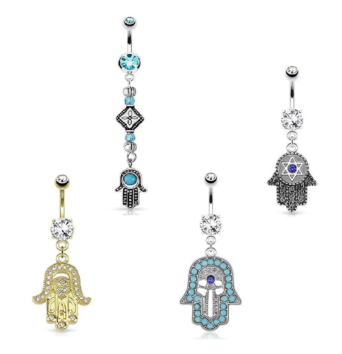 Bauchnabelpiercing Hamsa-Hand Anhänger 1,6mm 10mm Nabelpiercing Chirurgenstahl Bananabell Zirkonia 14 Karat Gold Silber Clear Aqua