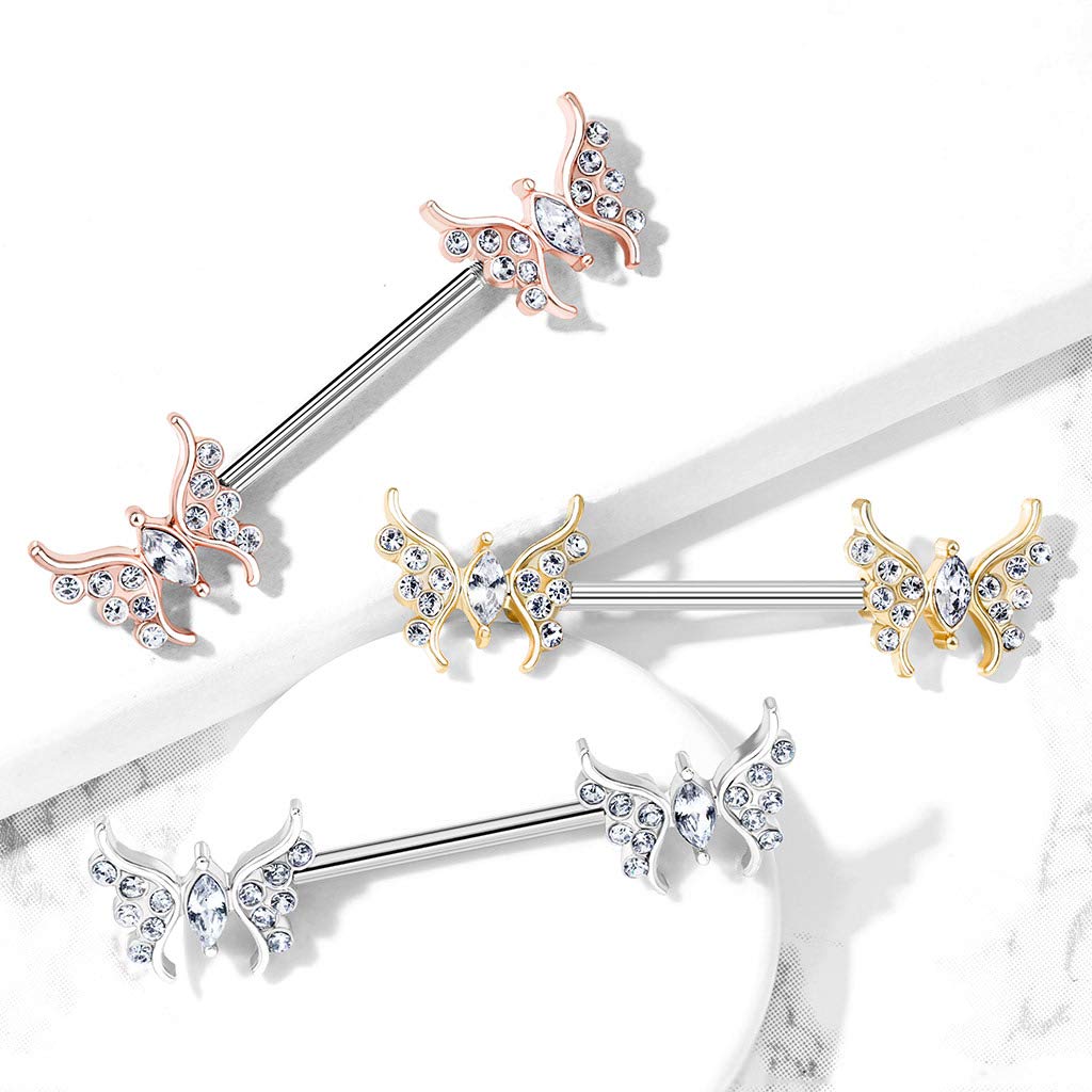 Brustwarzenpiercing Zirkonia Schmetterling Brustpiercing Nippelpiercing Chirurgenstahl Silber Gold Roségold Clear Stab 1,6/14mm