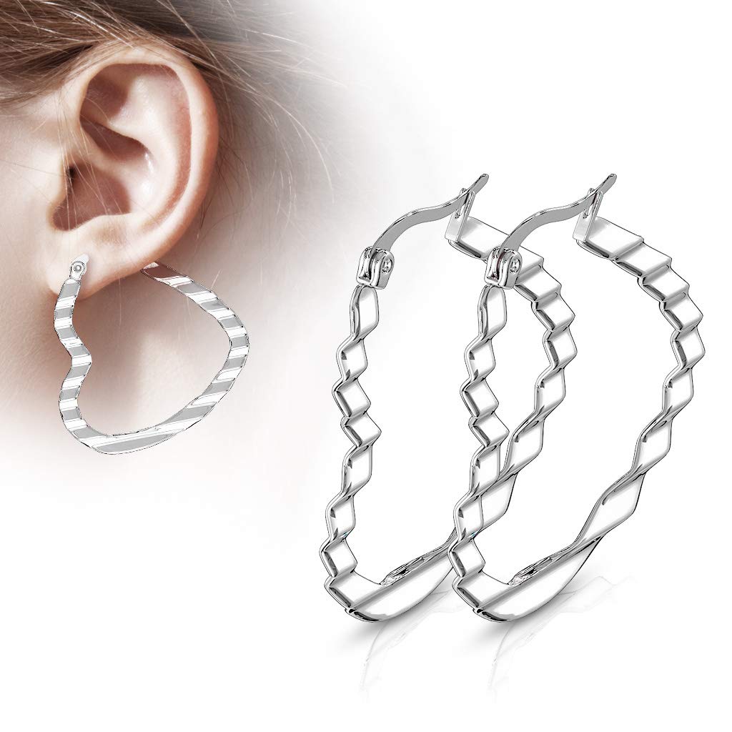1 Paar Damen HERZ CREOLEN WELLEN-DESIGN Ohrringe Ohrstecker Chirurgenstahl Silber 30/40/50mm