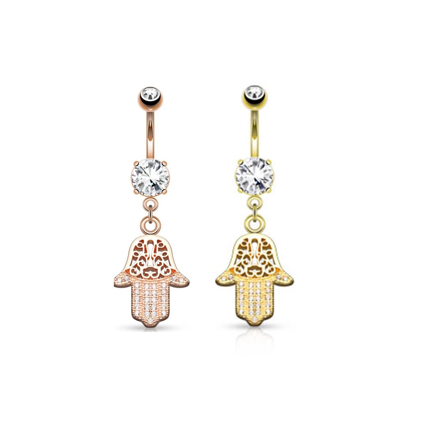 Bauchnabelpiercing Set 1,6mm 10mm Hamsa 16,2 x 13,1mm Nabelpiercing Chirurgenstahl Bananabell Zirkonia Farbe Weiß in Gold Roségold