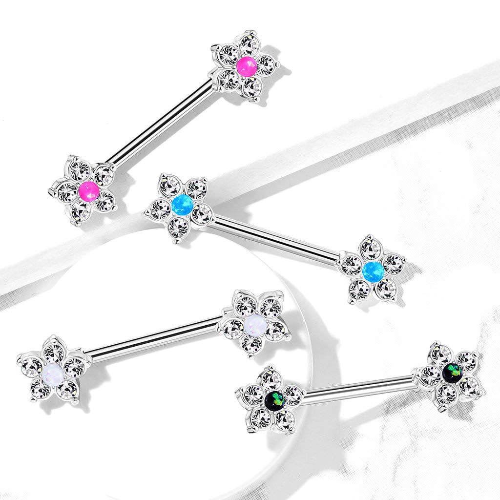 Brustwarzenpiercing Glitzer-Opal Blume 5 Zirkonia Brustpiercing Nippelpiercing Chirurgenstahl viele Farben Stab 1,6/14mm