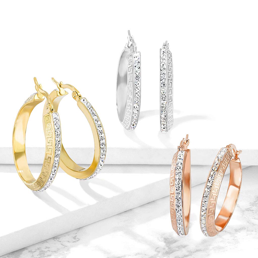 1 Paar Damen Ohrringe CREOLE 4mm breit Zirkonia-Rand Muster Ohrstecker Chirurgenstahl Gold Roségold Silber Clear 30mm