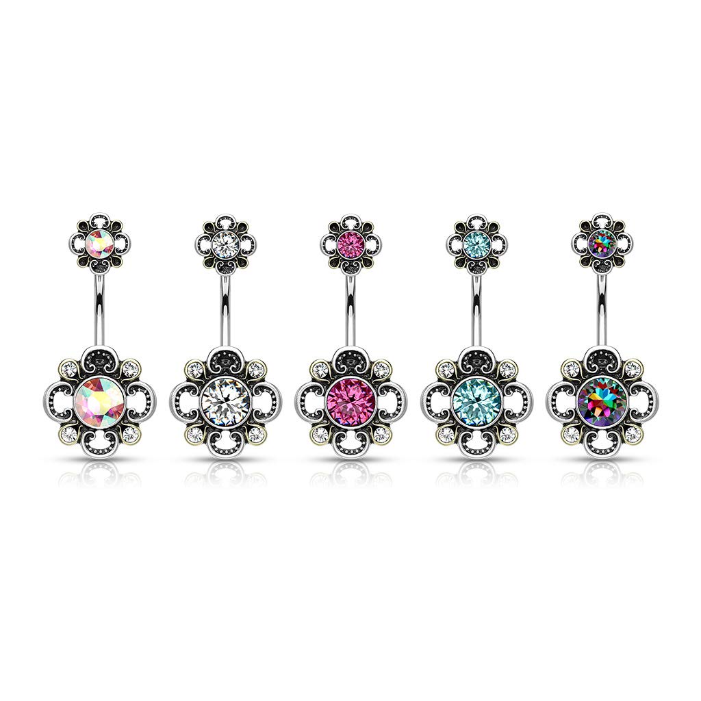 Bauchnabelpiercing Filigrane Blume 6 Zirkonia Nabelpiercing Chirurgenstahl Bananabell viele Farben Stab 1,6/10mm