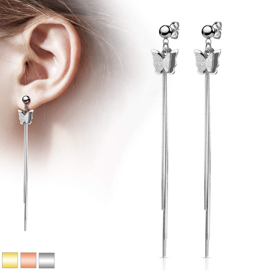 1 Paar Damen Ohrringe 2 Ton Schmetterling Ketten Anhänger e Ohrstecker Chirurgenstahl Gold Roségold Silber Länge 92mm