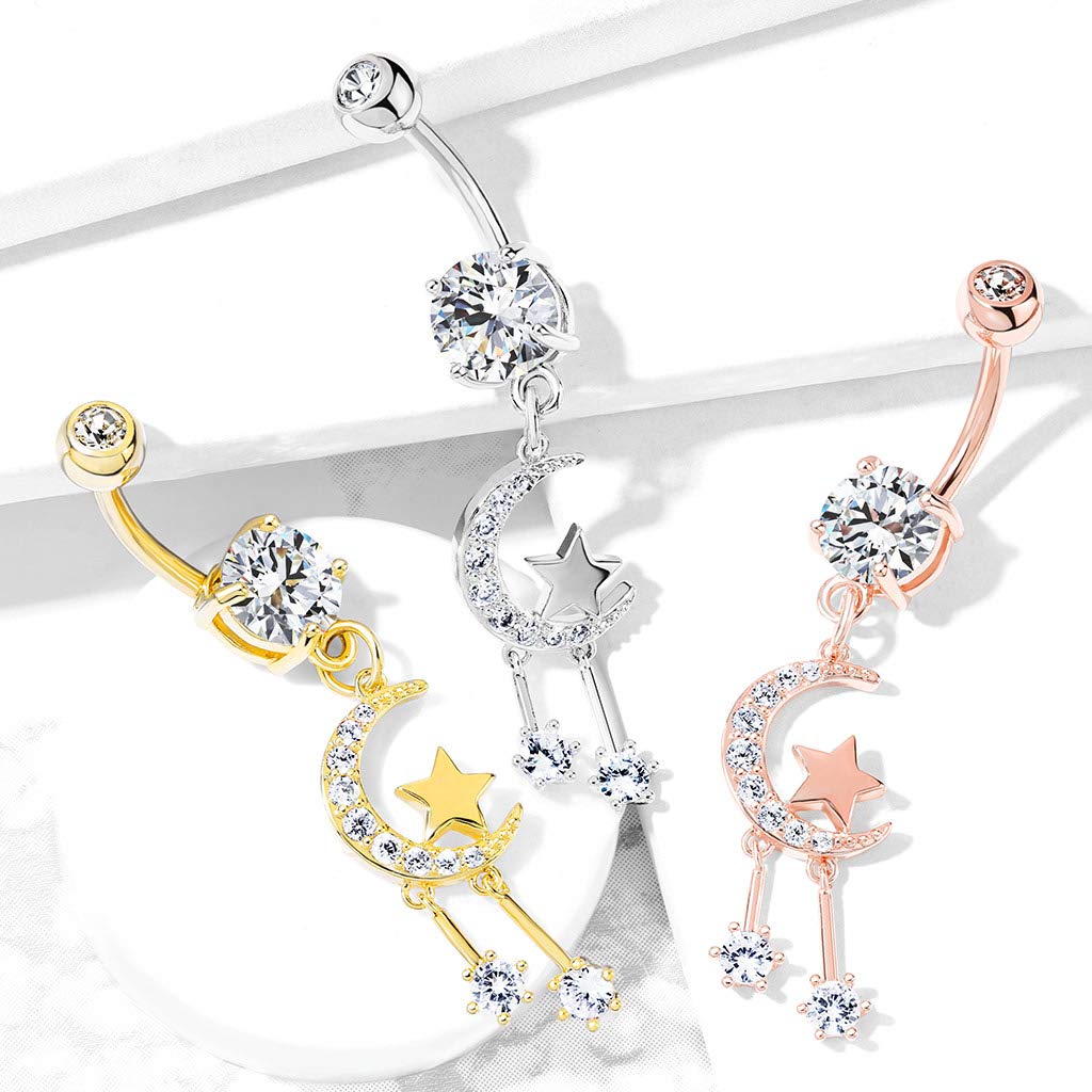 Bauchnabelpiercing Zirkonia Halb-Mond Sterne Anhänger Nabelpiercing Chirurgenstahl Bananabell Silber Gold Roségold Clear Stab 1,6/10mm