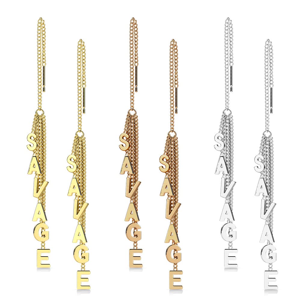 1 Paar Damen Ohrringe Durchzieher Ketten-Anhänger Wort SAVAGE Ohrringe Ohrstecker Chirurgenstahl Gold Roségold Silber