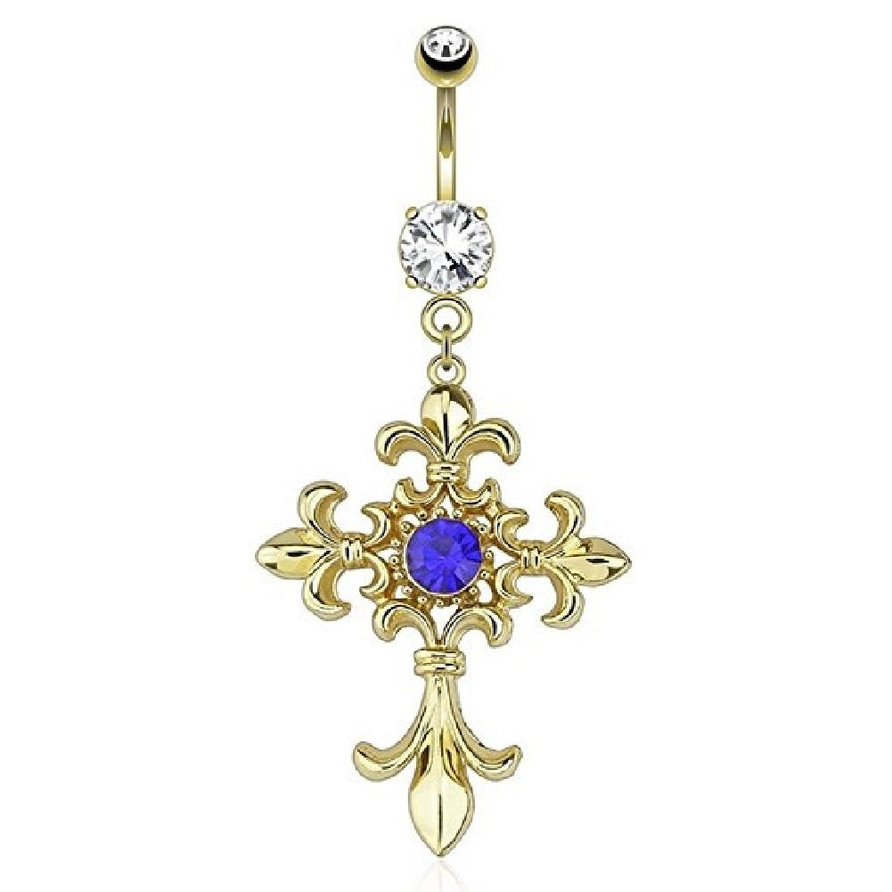 Bauchnabelpiercing GOLDENES Kreuz 14 Karat vergoldet Anhänger 1,6mm 10mm Nabelpiercing Chirurgenstahl Bananabell Zirkonia