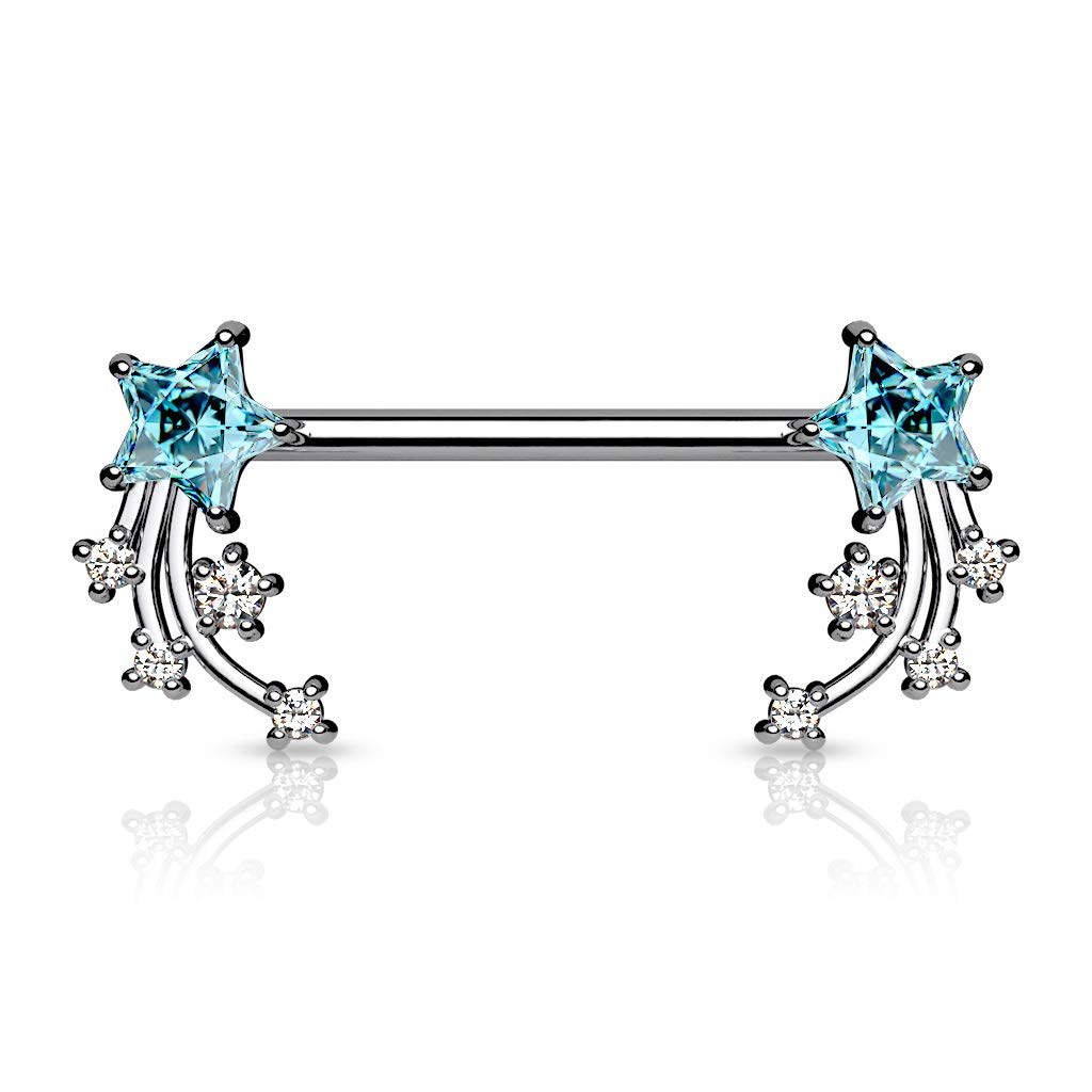 Brustwarzenpiercing Stern-schnuppen Silber Clear Pink Aqua Brustpiercing Nippelpiercing Intimpiercing Chirurgenstahl Stab 16mm