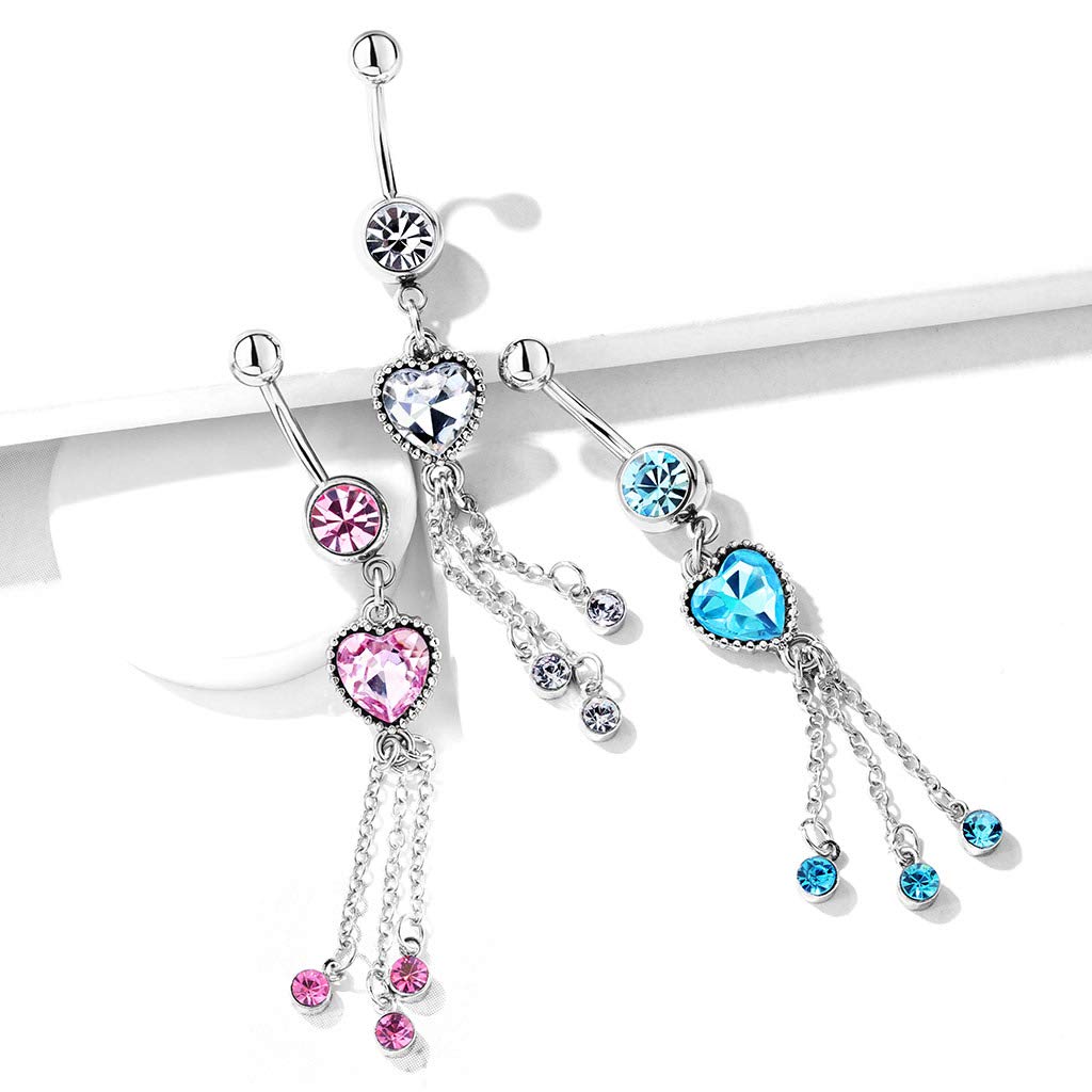 Bauchnabelpiercing Zirkonia Herz Ketten Anhänger Nabelpiercing Chirurgenstahl Bananabell Silber Clear Pink Aqua Stab 1,6/10mm