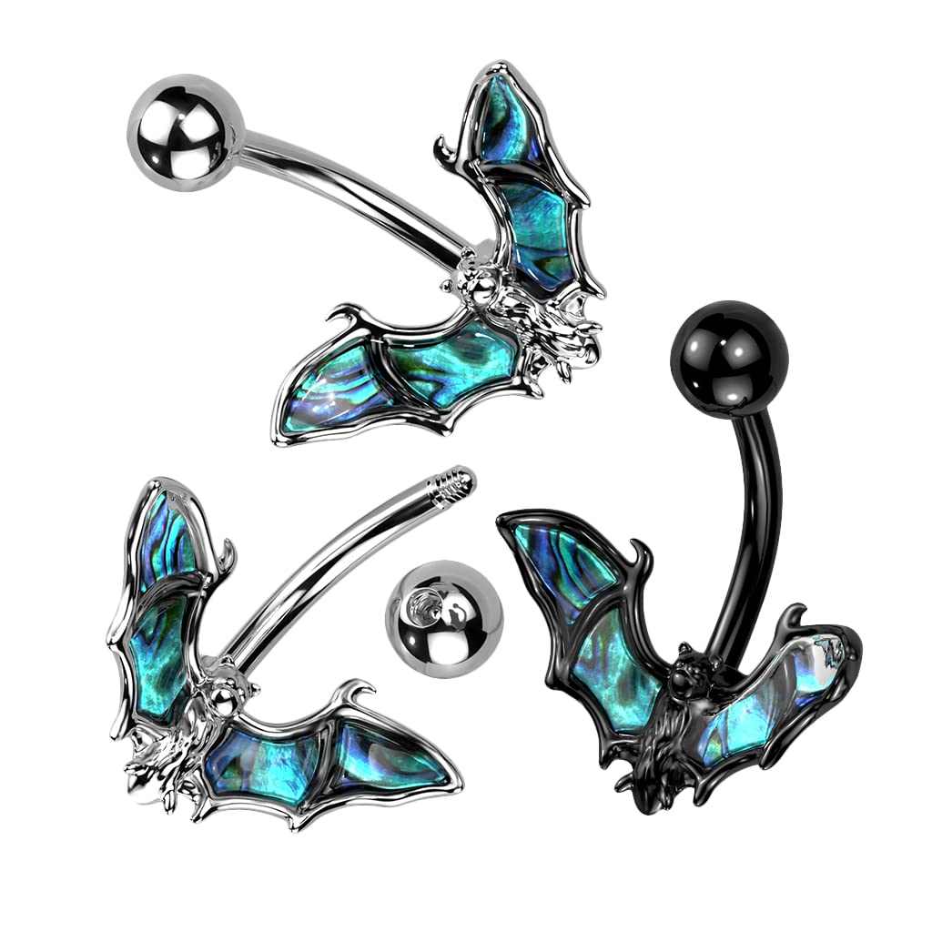 Bauchnabelpiercing Fledermaus Abalone Schwarz Silber Nabelpiercing Chirurgenstahl Bananabell Stab-länge 10mm