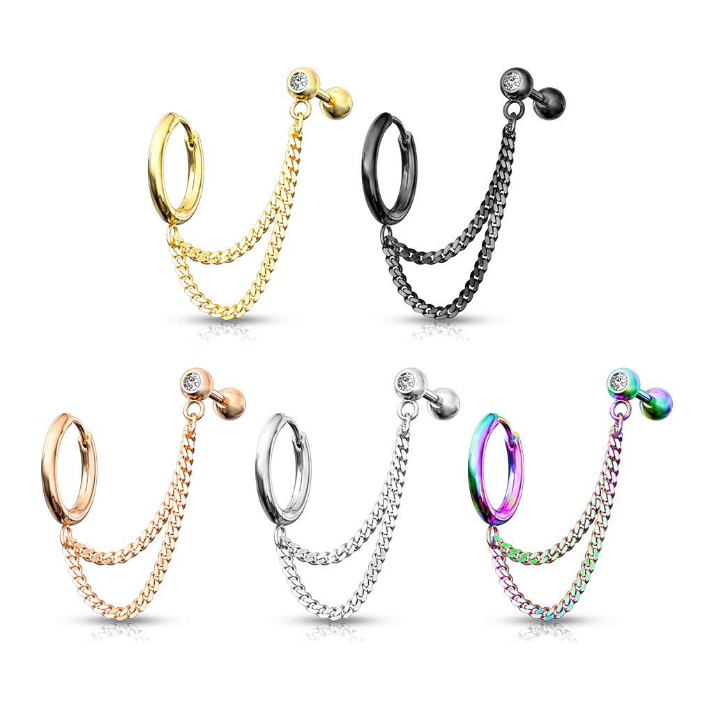 1 Knorpel Ohrstecker Zirkonia Klick-Creole Doppel-Kette Cartilage Labret Piercings Tragus viele Farben Edelstahl Schraubverschluss