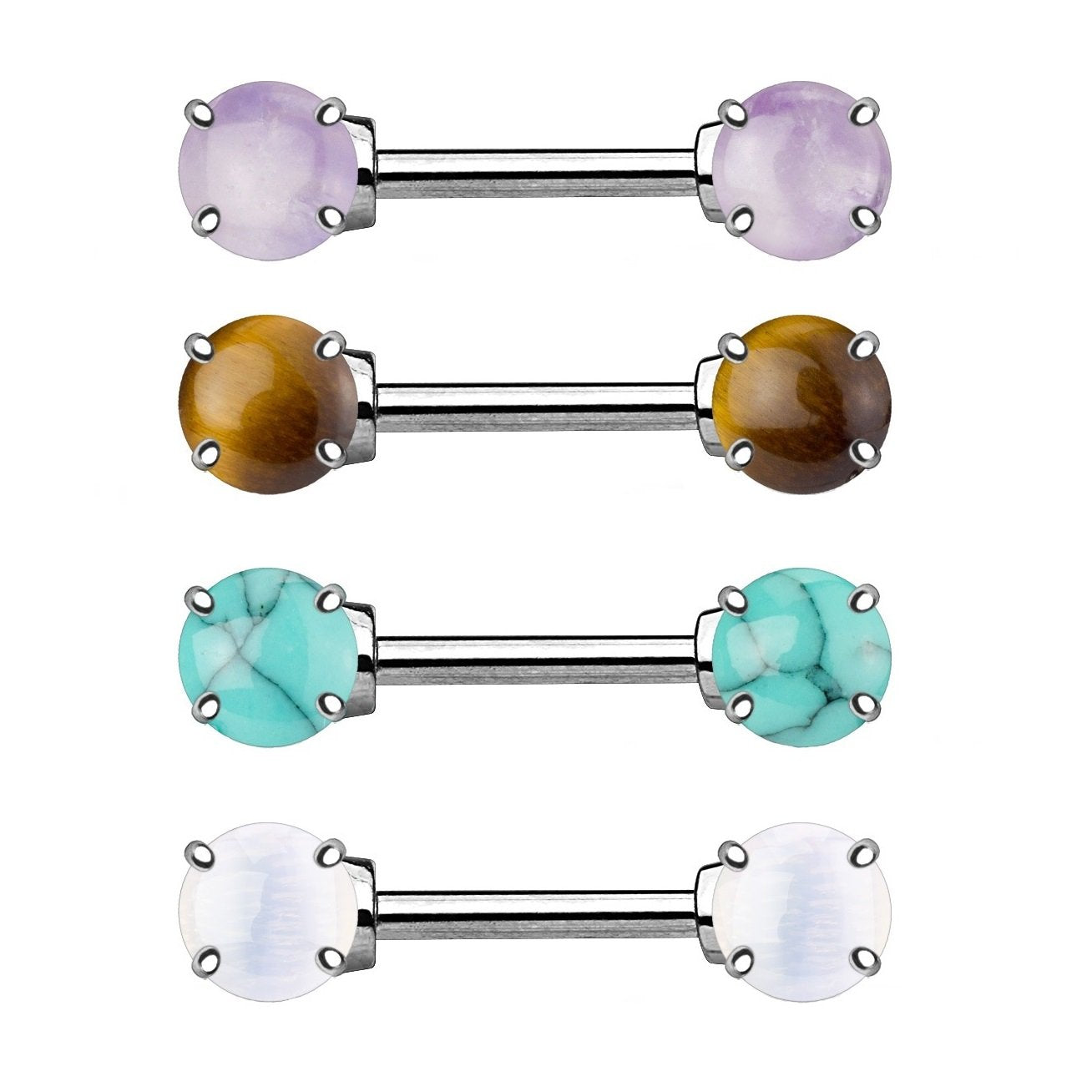 HALB-Edelsteine Amethyst OPALIT TIGERAUGE TÜRKIS Brustwarzenpiercing Intimpiercing Brustpiercing Edelstahl 1,6mm 14mm Stein 7mm