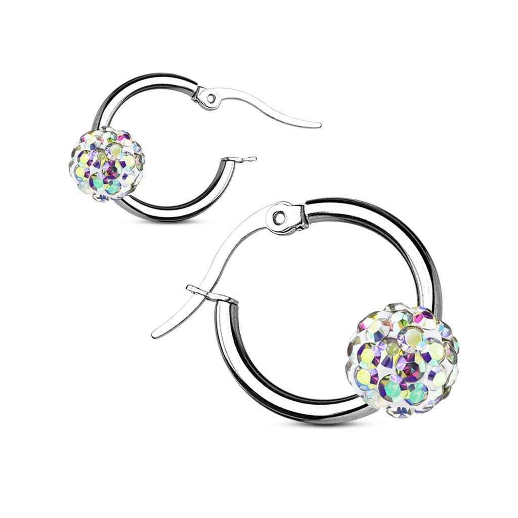 Damen 1 Paar Creolen KRISTALL-KUGEL Ohrringe Schmuck Ohrstecker Chirurgenstahl Silber Multicolor