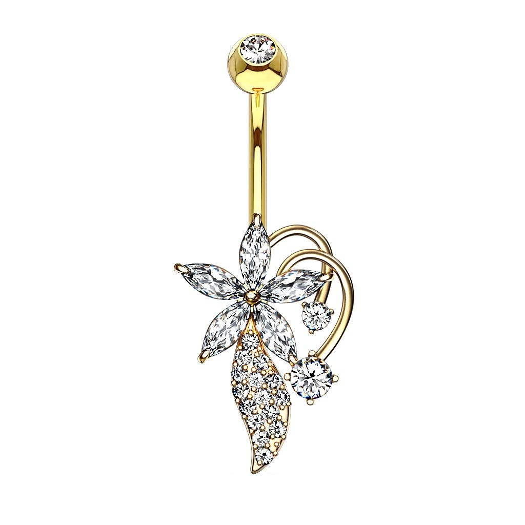 Bauchnabelpiercing Zirkonia Blumen-Bouquet Nabelpiercing Chirurgenstahl Bananabell Silber Gold Roségold Clear Stab 1,6/10mm