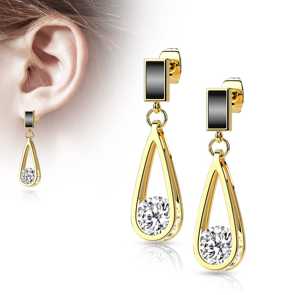 1 Paar Damen Ohrstecker schwarzer Enamel Tropfen-Anhänger Zirkonia Clear Chirurgenstahl Ohrringe Ohrhänger Silber Gold
