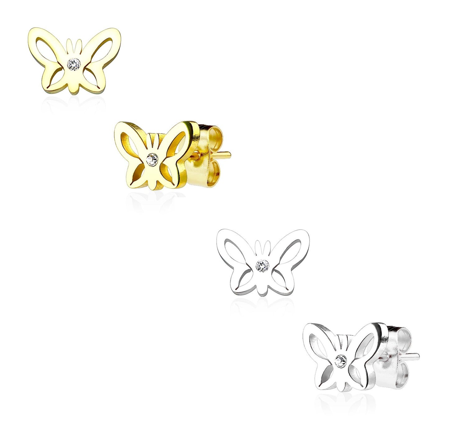 1 Paar Ohrringe Set Ohrstecker Edelstahl Chirurgenstahl Schmetterling Hollow clear Zirkonia gold silber