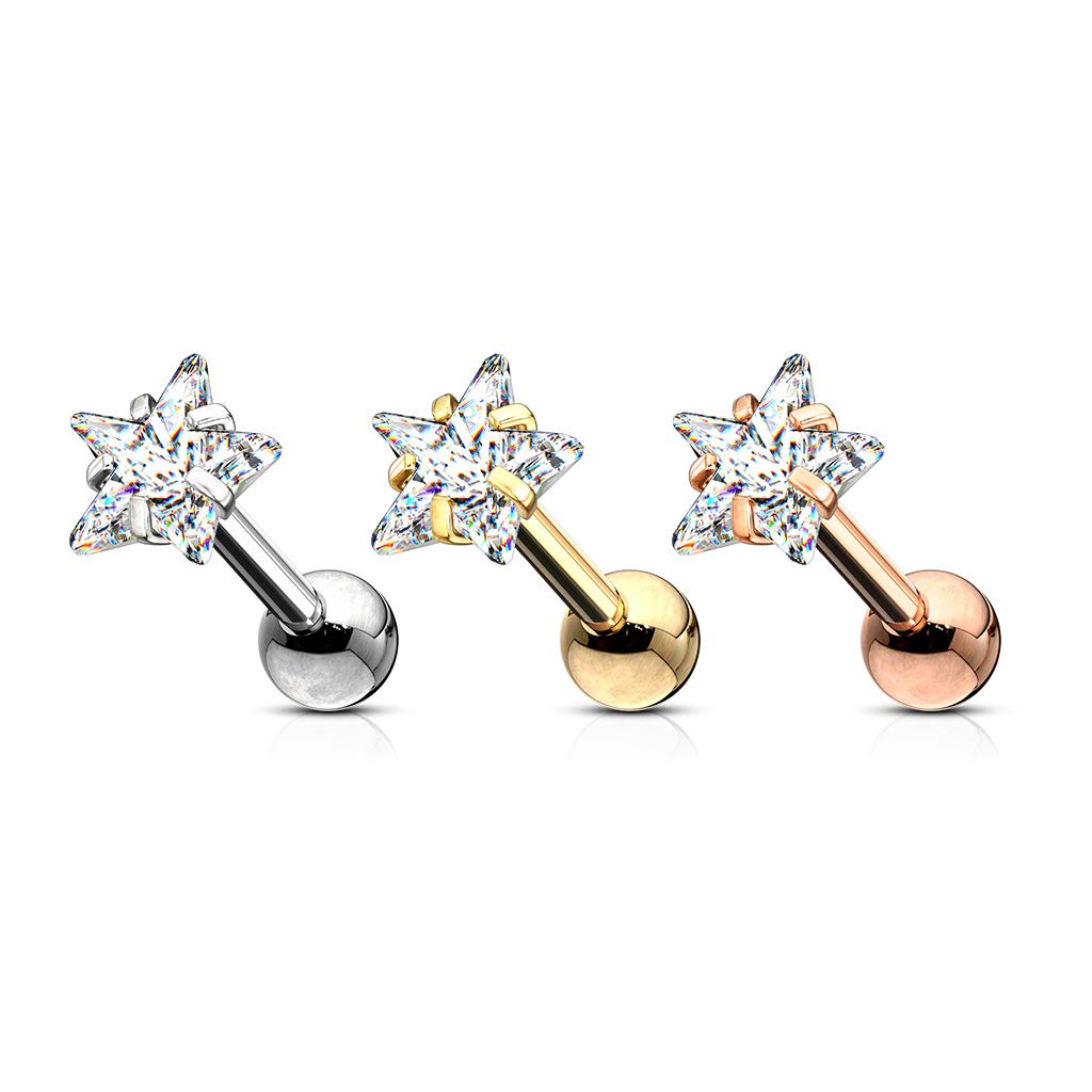 1 Knorpel Ohrstecker Zirkonia Clear 3/4mm Stern Cartilage Labret Piercing Tragus viele Farben Edelstahl Schraubverschluss Steg 6mm