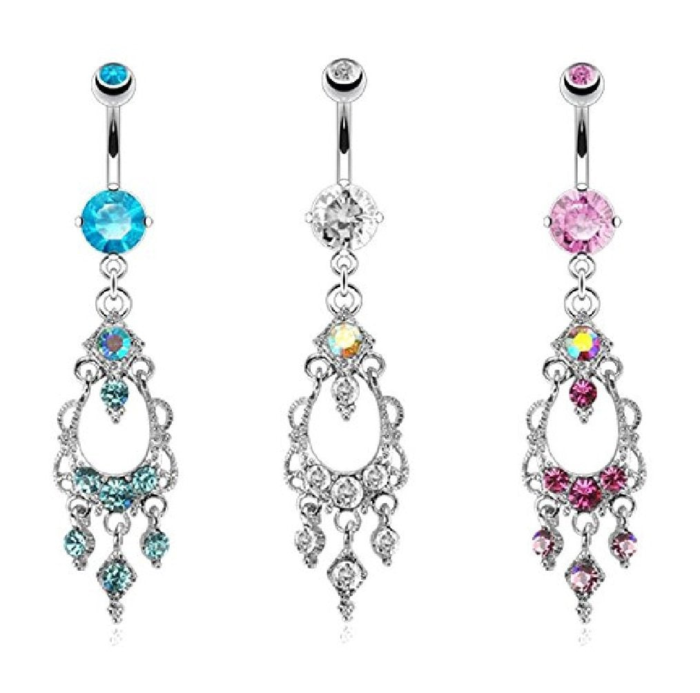 Bauchnabelpiercing KRISTALL-KRONLEUCHTER Anhänger Stab 1,6mm 10mm Nabelpiercing Chirurgenstahl Bananabell Silber Pink Aqua Clear