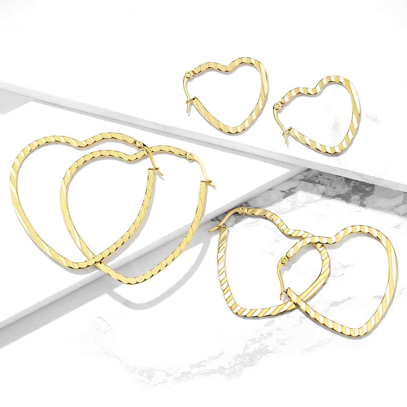 1 Paar Damen HERZ CREOLEN WELLEN-DESIGN Ohrringe Ohrstecker Chirurgenstahl Gold 30/40/50mm