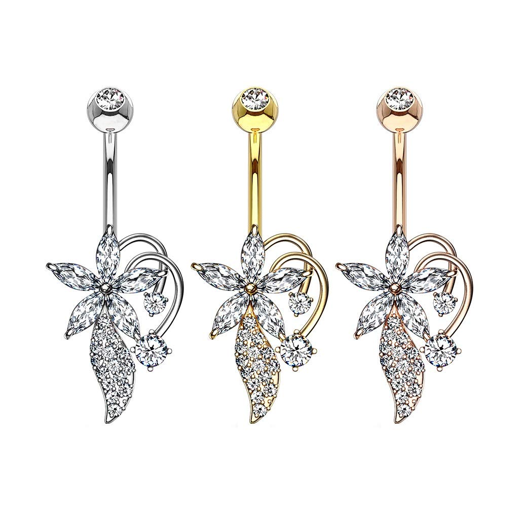 Bauchnabelpiercing Zirkonia Blumen-Bouquet Nabelpiercing Chirurgenstahl Bananabell Silber Gold Roségold Clear Stab 1,6/10mm